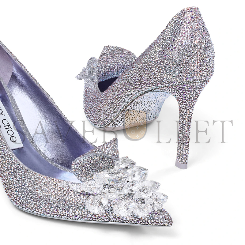JIMMY CHOO CRYSTAL SLIPPER 85 IRIDESCENT CRYSTAL POINTED-TOE PUMPS WITH HEARTS CRYSTALSLIPPER85CQH